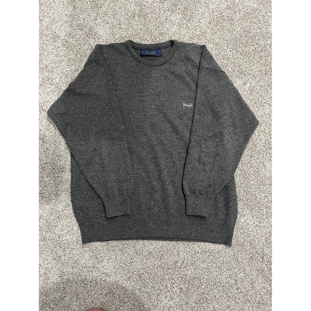 Pringle of Scotland Wool Mens Crewneck Sweater Gray Knit Pullover Logo Size XL